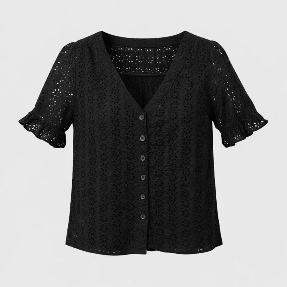 Madewell Blouse Womens XS Black Eyelet 100% Button Up V-Neck Cotton Cottagecore